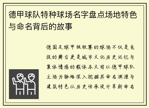 德甲球队特种球场名字盘点场地特色与命名背后的故事